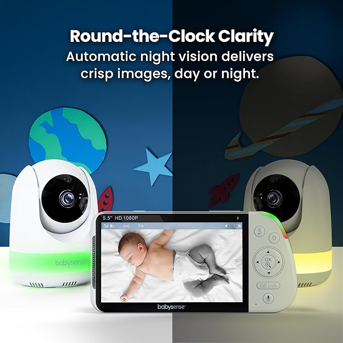 Babysense Full HD 5.5" Split Screen Baby Monitor with 2 Cameras, 6-Color Night Light, White Noise, Sound & Light Machine, 20-Hour Battery, Hack-Proof Non-WiFi Secure Connection
