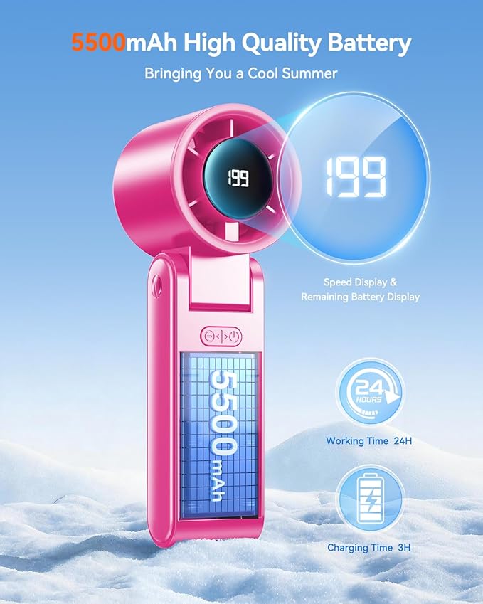 Portable Handheld Turbo Fan, 199 Gear Speed, 24 Hs Cooling Time, 5500mAh Rechargeable Mini Personal Hand Fan, Foldable Design, Travel Essentials, Beach Vacation, Gifts for Women, Men,HotPink