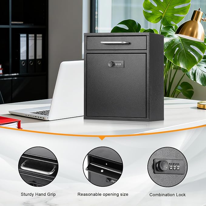 xydled Wall-Mount Mailboxes with Combination Lock, Black, Large | Steel Combination Lock Mail Boxes Outdoor, Locking Wall Mount Mailbox, Security Key Drop Box, 13.4H x 11.6L x 5.8W Inches