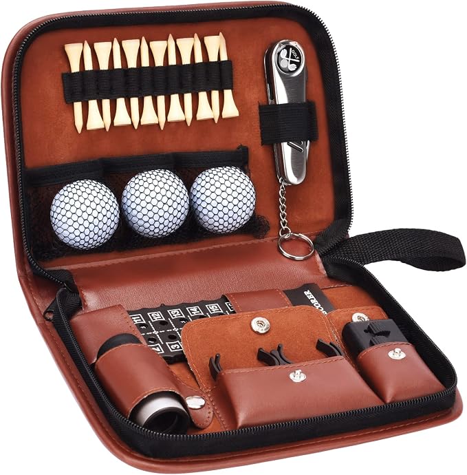 Jiskan Golf Gifts for Men and Women, Golf Accessories Set with Hi-End Case, Golf Balls, Rangefinder, Golf Tees, Brush, Multifunctional Divot Knife, Scorer, Golf Ball Clamp