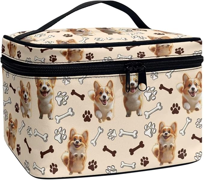 Cartoon Corgi Dogs Travel Makeup Bag for Women, Kawaii Puppy Paws Large Capacity Makeup Bag Zipper Multi-function Cosmetic Travel Bag, Brown
