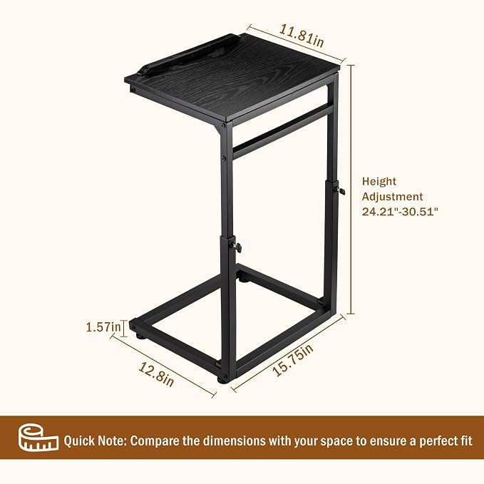 facka C Shaped TV Tray Table, Adjustable Height & 0-60° Tilt for Couch | C Table Sofa Side End Table with Stopper Ledge, Couch Table for Eating, Laptop, Reading & Small Spaces Black