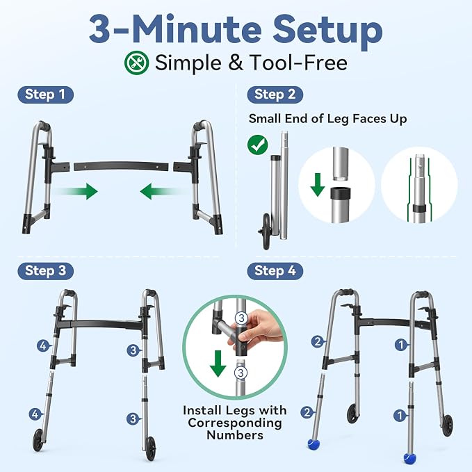 Loyoda Folding Walker with 2 Precut Tennis Balls, 5" Wheels Lightweight Walkers for Seniors and Adults, Supports Up to 350 Pounds, Adjustable Height, Compact Standard Walker