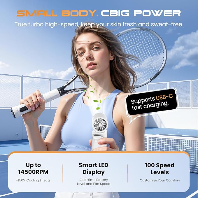 Portable Clip-On Mini Fan Handheld Turbo Fan with 100 Speeds 3000mAh | Rechargeable Stroller Fan Pocket Size USB Cooling Fan for Travel, Camping, Lash Tech & Office