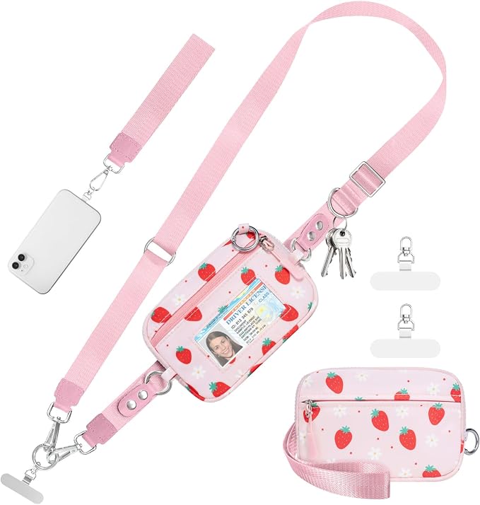 Tiostep Clip and Go Strap for Phone with Wallet Crossbody Phone Lanyard Adjustable and Detachable RFID Wristlet Wallet (Strawberry, Medium)