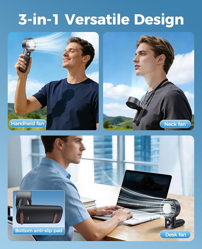 Portable Handheld Fan with Semiconductor Ice Cooling, 5 Seconds Cool Down | 4000mAh Handheld Fan/Table Fan/Neck fan 3 In 1, Rechargeable 10500 RPM Turbo cooling fan for Outdoor,Office,Camping,Travel
