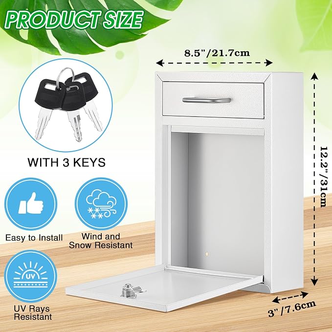Yaocom Locking Mailbox with Key for Outdoor 12.2 x 8.5 x 3 Inches Large Wall Mount Mail Box with Lock Security Mail Drop Metal Collection Boxes Hanging Secure Postbox(Creamy White)