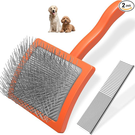 2PCS Slicker Brush for Dogs & Pet Comb,Professional Dog Grooming Brush (Goldendoodles,Poodles,Labradoodles) with Extra Long Pins to Effectively Remove Tangles, Knots and Mats (Orange, Large)