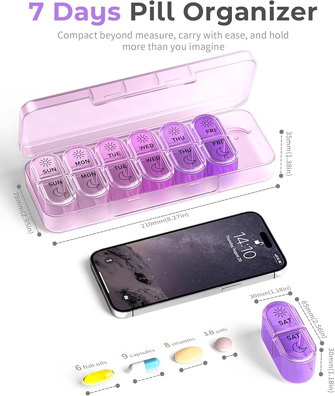 Pill Organizer, Am & Pm Pill Organizer 7 Days, Weekly Pill Case 2 Times a Day, Cute Pill Box 7 Day, Medicine Organizer for Travel, Vitamins, Fish Oils, Supplements (Gradient Pink-Purple)