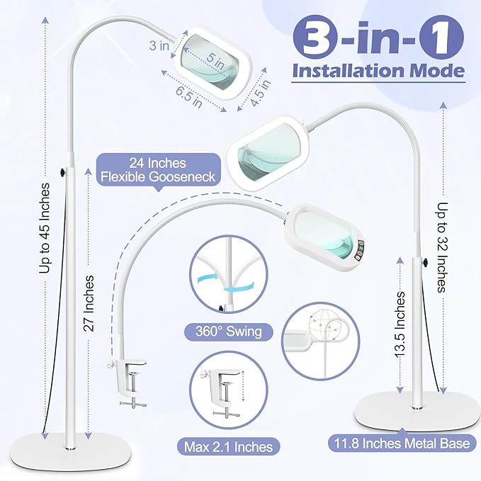Drdefi 10X Rectangular Real Glass Magnifying Glass with Light and Stand, 24" Flexible Gooseneck Floor Lamp, 5 Color Modes Stepless Dimmable, 3-in-1 LED Lighted Magnifier Light for Reading Crafts White