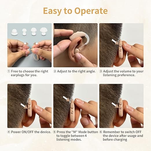 Hearing Aids For Seniors - Rechargeable Hearing Amplifier For Seniors Noise Reduction,4 Modes,Adjustable Volume, Comfort Design and Nearly Invisible,Behind The Ear,With Charging case（Khaki）