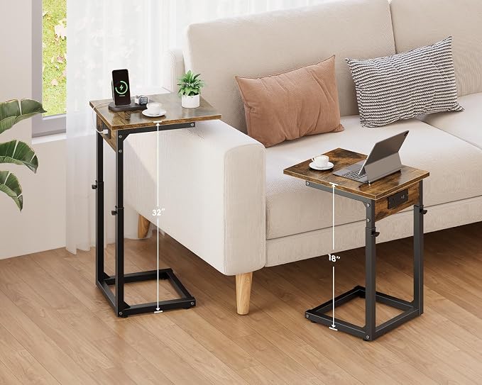 C Shaped End Table with Charging Station, 33"Tall Side Table for Couch, C-Table End Table Adjustable Height Side Table,Slide Under Couch Table TV Tray Table for Sofa,Living Room,Bedroom,Brown