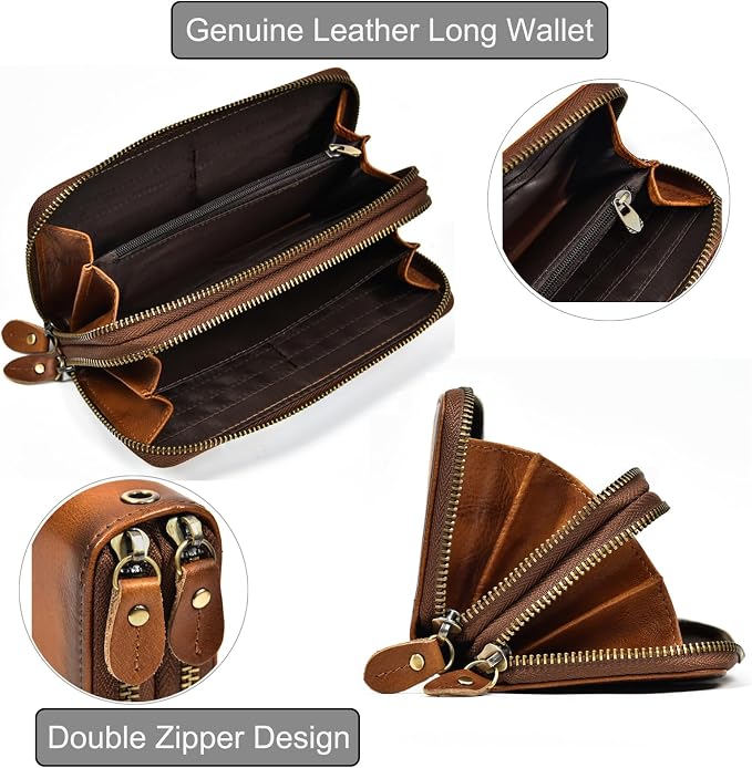 Genuine Leather Long Wallet for Men, Large Capacity Purse Clutch Bag Handbag Checkbook Cash Credit Cards Phone Holder | Large Capacity