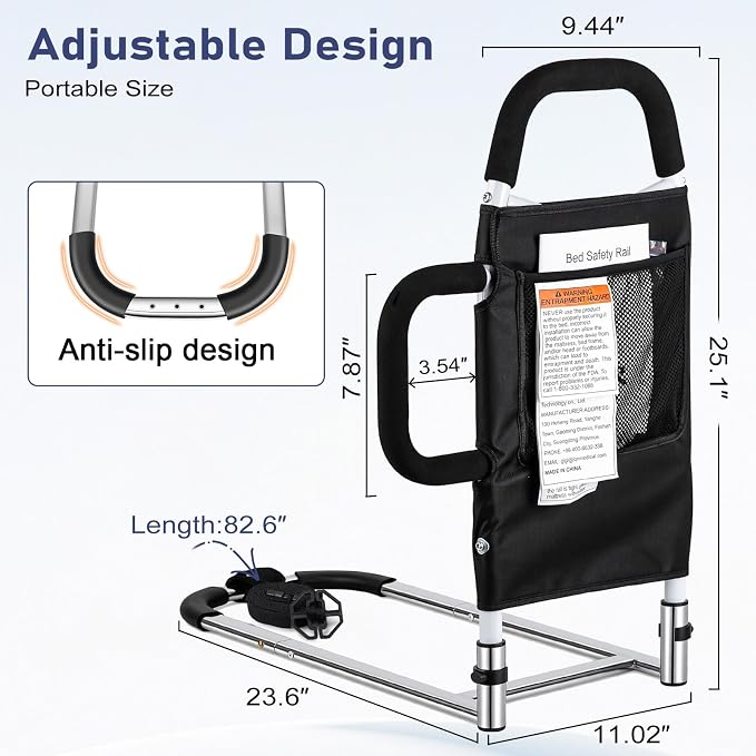 Bed Rails for Elderly Adults - Bed Assist Rail with 2 Non-Slip Grab Bars & Storage Pocket, Easy In & Out Bed, Anti-Fall Bed Railings for Seniors, 300 LBS Load Capacity