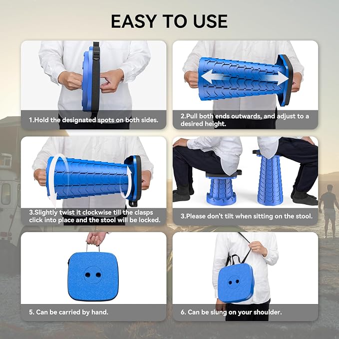 2026 Upgraded Collapsible Stool, Portable Folding Stool, Telescoping Camping Stool with Max Load Capacity 485lbs, Square Retractable Seat for Camping Gardening Fishing Hiking BBQ [Blue]