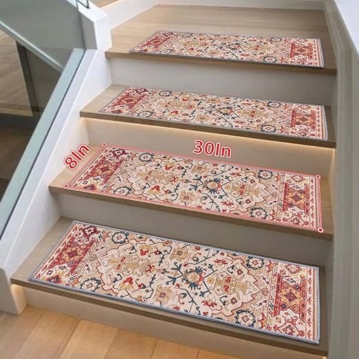 8”x 30” Carpet Stair, Anti-Slip Carpet Treads for Wooden Steps, Self-Adhesive Decorative Stair Runners, Slip-Resistant Treads for Indoor Wooden Staircases (15, Red, 8X30 inch)