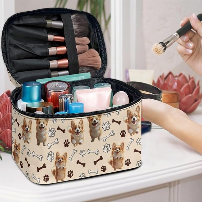 Cartoon Corgi Dogs Travel Makeup Bag for Women, Kawaii Puppy Paws Large Capacity Makeup Bag Zipper Multi-function Cosmetic Travel Bag, Brown