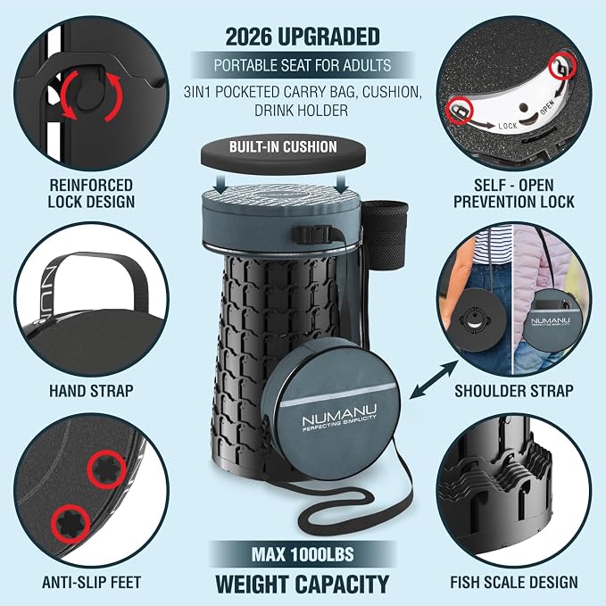 XXL Round Collapsible Stool, 3-in-1 Cushion + Bag, 1000 lb Max Cap. | Heavy-Duty Big & Tall Stool, Telescoping 2.7-19.7in, 3-in-1 Cushion Bag + Drink Holder; Travel, Sports, Camping