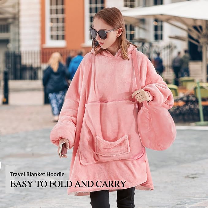 JOYWOO Pink Foldable Wearable Blanket Hoodie,Oversized Cat Lovers Sweatshirt Blanket for Adult, Birthday Gifts for Women,Mom,Men,Cozy Sherpa Hooded Blanket with Giant Pocket and Winter Gifts