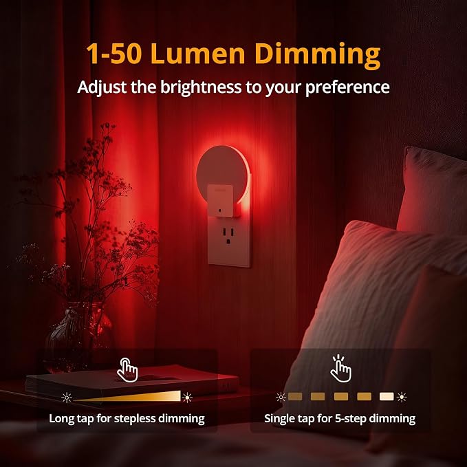 Red Plug in LED Backlit Night Light, Auto Dusk to Dawn Sensor, 1-50 LM Dimmable Sleep Aid Nightlight Indoor for Bedroom, Kids Room, Elderly Housing, Bathroom, Kitchen, Stairs, Hallway, 4 Pack