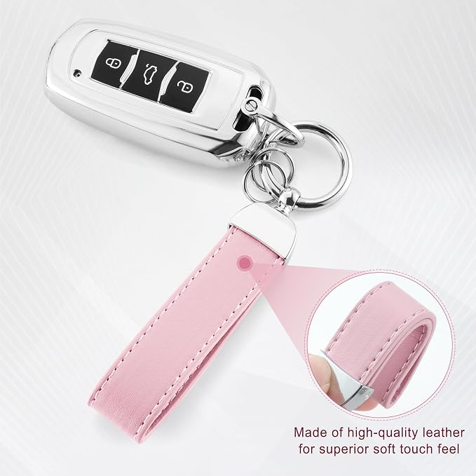 JUSTTOP Leather Keychain, Car Key Chain with Anti-Lost D-Ring and 2 Key Ring, Keychain Wristlet, Car Accessories, Universal Keychain for Men and Women (Pink)