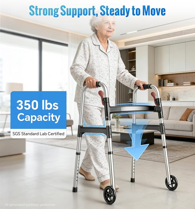 Walkers for Seniors, One-Hand Folding, 8 Height Adjustments, Walkers with Wheels, 2 Skis and 5" Wheels, Lightweight Walker for Seniors, Standard Walkers for Seniors, Aluminum Frame, Silver
