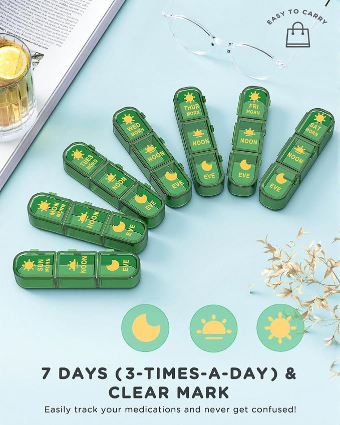 Pill Organizer 3X A Day, Weekly 7 Day Pill Box 3 Times A Day, Acedada Daily Travel Pill Case with 21 Compartments, Portable Medicine Organizer Container for Vitamin Fish Oil Supplement, Green