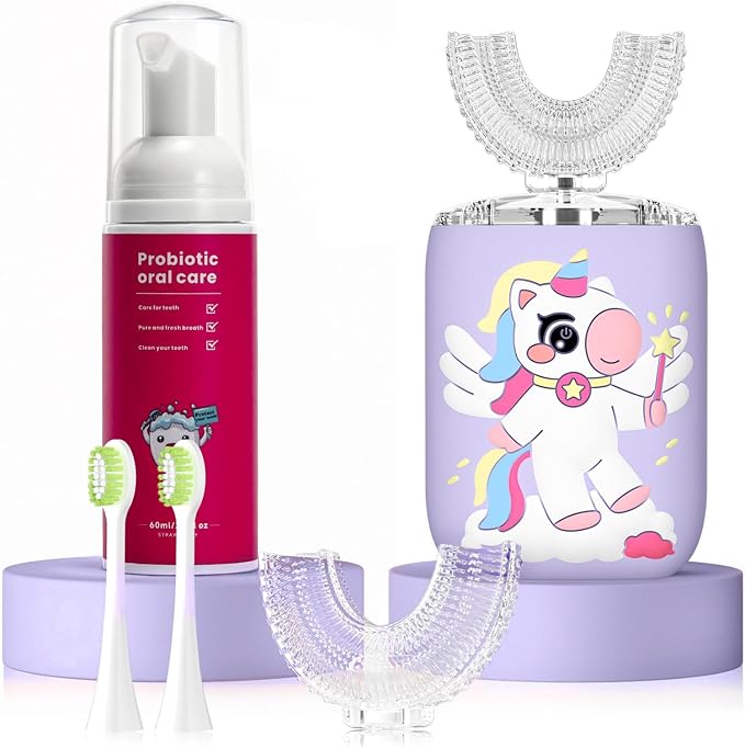 Kids Electric U Shaped Toothbrush, Kids Unicorn Sonic Automatic Toothbrush with 4 Soft Brush Heads with Toothpaste- (Age 8-15, Purple)