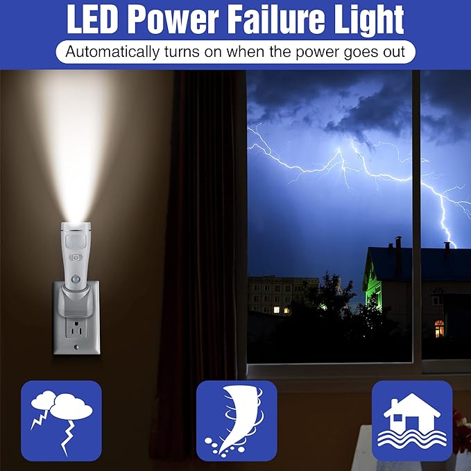 Enhon 2 Pack 4 in 1 LED Emergency Lights for Home Power Failure, Rechargeable Plug in Flashlight Motion Sensor Night Light, Automatic Turn On Power Outage Light for Home Hurricane Supplies (White)