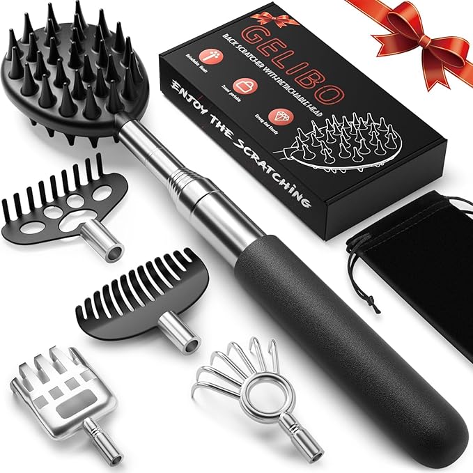 Gelibo Telescoping Large Back Scratcher with 5 Detachable Heads, Valentines Day Gifts for Him, Gifts for Men, Extendable Back Massager Tool with Beautiful Box