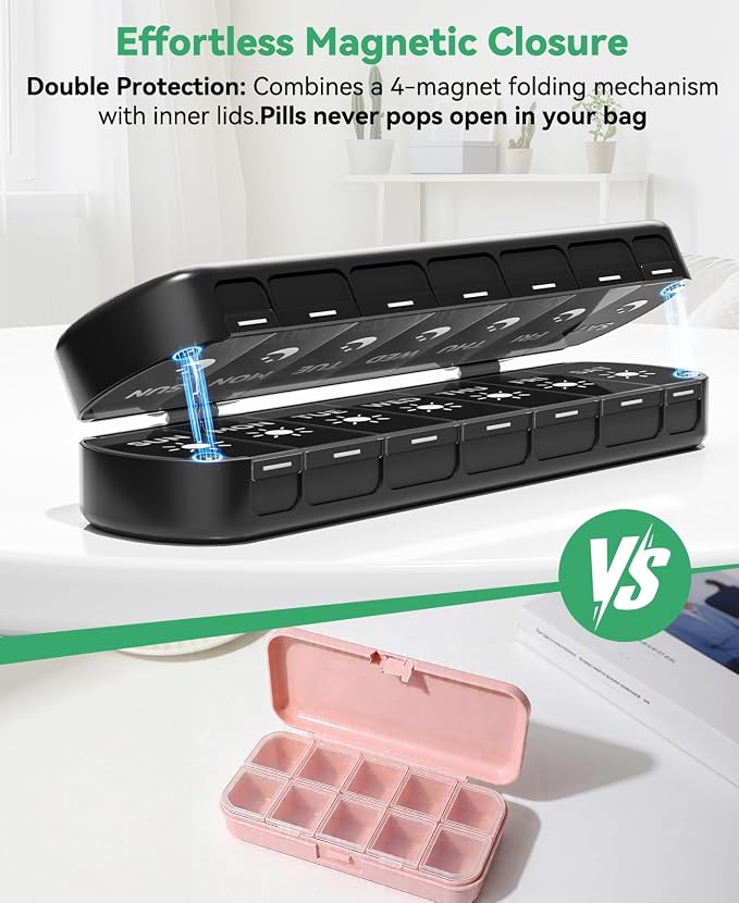 Foldable Pill Organizer 2 Times a Day, Magnetic Travel Pill Box AM PM, 7 Day Moisture-Proof Medicine Case for Vitamins, Supplements and Fish Oils, Portable Medication Planner for Purse, Bag & Pocket