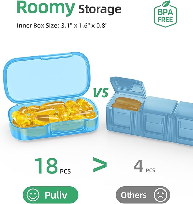 PULIV Weekly Pill Organizer with Large Capacity, Dual Protection Pill Box 7 Day, Arthritis Friendly Pill Case Easy to Open, Medicine Organizer for Vitamins, Medications, Fish Oils, Supplements (Blue)