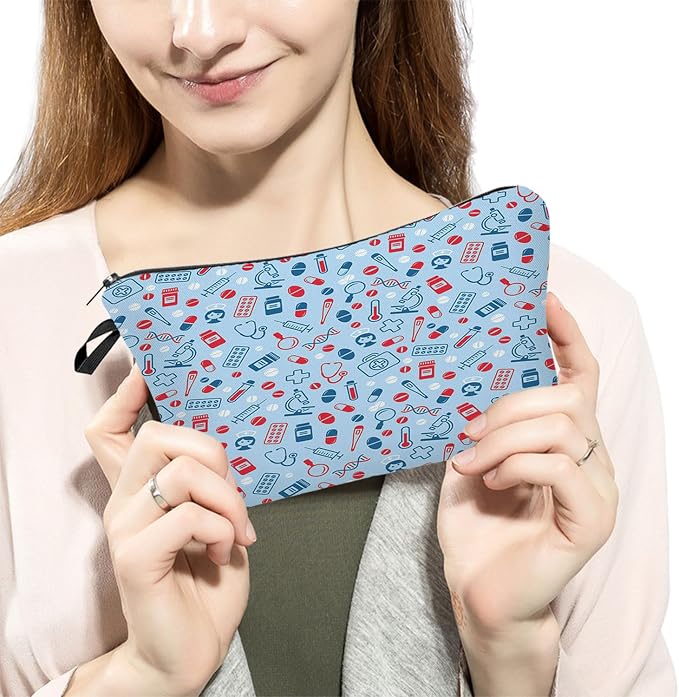 Livel lhood Blue Medical Supplies Small Makeup Zipper Bag | Blue Medical Supplies Printed Cosmetic Organizer Pouch, Medical Theme Gift for Women Friends, Cute Travel Toiletry Bag