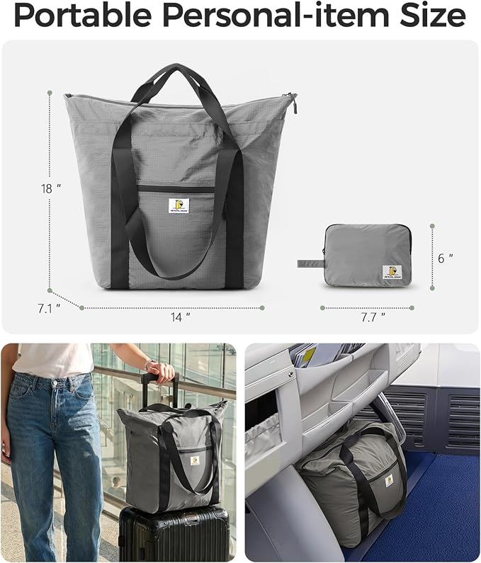 Foldable Travel Bag, 26L Lightweight Weekender Duffel, Expandable Second Carry-On Bag for Travel & Shopping, Water-Resistant Personal Item Bag, Gray