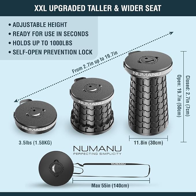 XXL Round Collapsible Stool, 3-in-1 Cushion + Bag, 1000 lb Max Cap. | Heavy-Duty Big & Tall Stool, Telescoping 2.7-19.7in, 3-in-1 Cushion Bag + Drink Holder; Travel, Sports, Camping