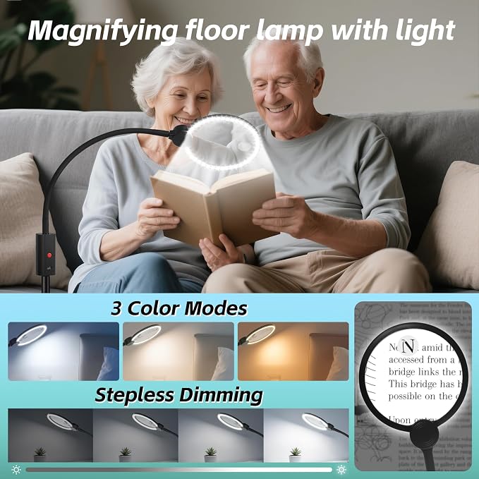 10X Floor Magnifying Glass with Light and Stand with Glass Lens, Magnifying Floor Lamp with Light Adjustable Height, 3 Color Modes, 360° Flexible Gooseneck Hands Free Magnifier for Close Work