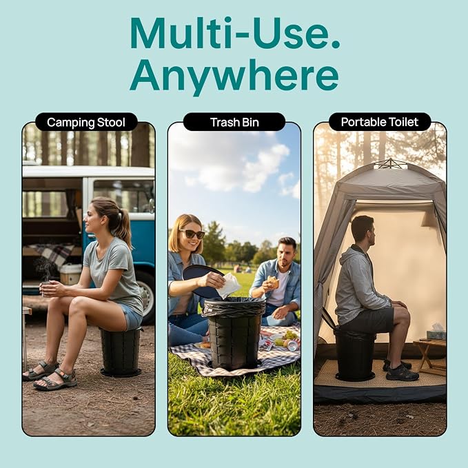 SereneLife Foldable Toilet Seat for Camping, Adjustable Height Portable Travel Potty with Lid, Carry Bag, Non-Slip Base, 331 lbs Capacity + 3-Pack Flushable Wipes, for Car, Hiking, Outdoor Use, Black