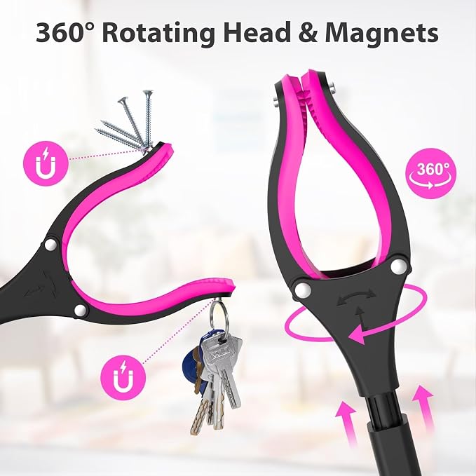 36" Grabber Reacher Tool, Foldable Reacher Grabber Pickup Tool with 360° Rotating Jaw & Two Magnets, Extra Long Trash Picker Upper Grabber, Lightweight Grabbers for Seniors, Pink | 360° Rotating Jaw, Magnetic Tip, Long Hand Grip Pickup Tool, Silicone N...