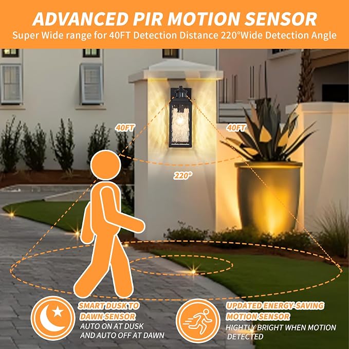 2 Pack Updated Dusk to Dawn Motion Sensor Outdoor Wall Light | Matte Black, Anti-Rust Aluminum, Waterproof, Water-Rippled Glass,Outdoor Wall Sconce for Porch, House,Garage & front door