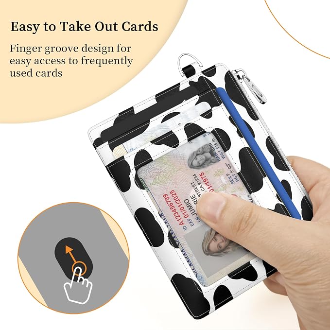 Hancynir Cow Slim Wallet Women Credit Card Holder, Small RFID Cute | Zipper Pocket Wallet, Thin Travel Coin Purse, Ladies Women Gifts, Minimalist Card Case, 6 Card Slots, ID Window, PU Leather