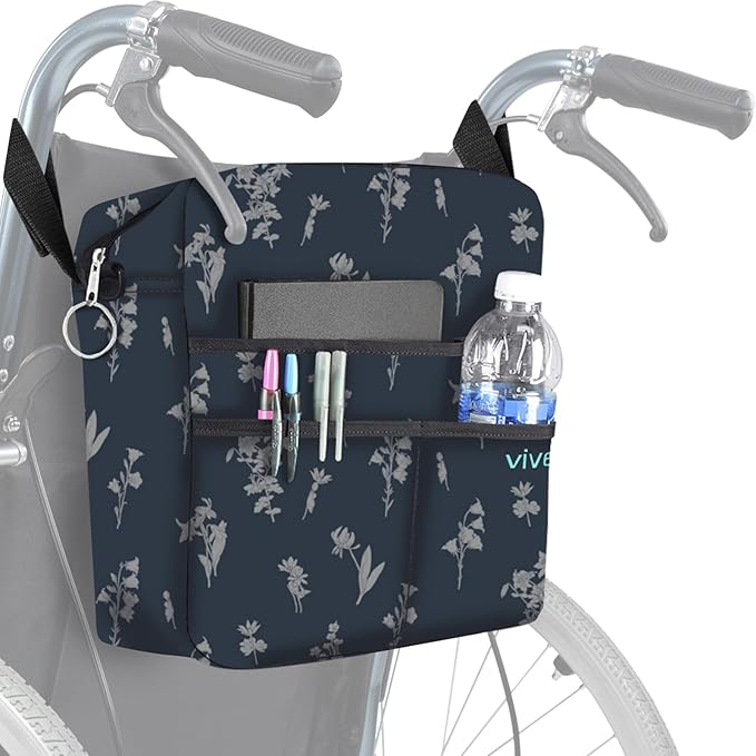 Vive Wheelchair Bag - Machine Washable, Double-Stitched, Water-Resistant Accessory Backpack for Rollators, Wheel Chairs, Walkers - Pouch with XL Pockets & Straps for Quick Installation