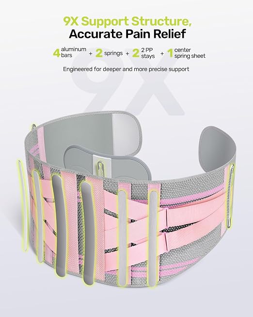 Rakiie Back Brace for Lower Back Pain Women with 9X Support System, Ergonomic Lumbar Support for Pain Relief, Breathable Mesh Design with 3D Silicone Pad for Sciatica, Sciatica, Pink Size L (Waist: 35.8"-43.7")