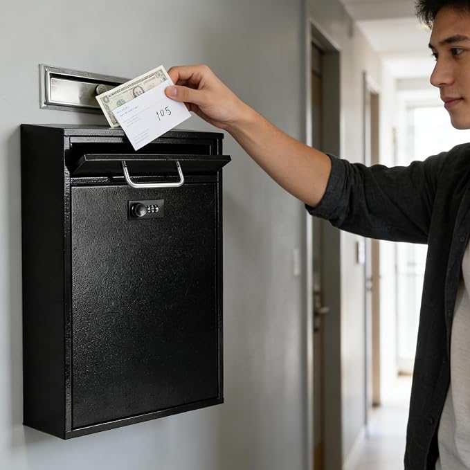 KYODOLED Wall Mount Mailbox for Outside, Combination Lock, X Large, Black | Sturdy Steel, Anti-theft Large Drop Box, Ideal for Home, Office, School Daily Mail/Key/Cash Storage, 16.2H" x 11.2L" x 4.6W"