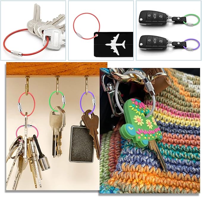 CooBigo 16 Pack Cable Key Ring 4 Inch Luggage Tag Loops Wire Key Chain Cable 2mm Key rings for Car Keys Wire Keychain Dog Tag Ring - Assorted Color