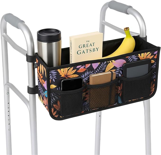 Walker Basket - Foldable Walker Bag with Cup Holder - Fits Folding Walkers - Ideal Walker Accessories for Seniors with Limited Mobility to Carry Water Bottles, Books, Essentials & More (Warm Leaves)