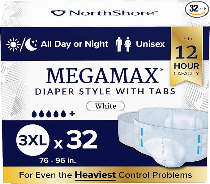 NorthShore MegaMax 12-Hour HBL Adult Diapers for Heavy Bladder Leaks, 3X-Large, 32 Count, White, 76-96 inches, Tab-Style Incontinence Underwear for Men, Women & Teens