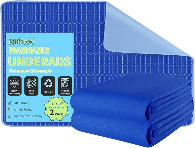 Washable Incontinence Underpads, 34" x 52" (2 Pack) Heavy Absorbency Leakproof Bed Pads with Encased Edges, Reusable Mattress Protector Pee Pads for Adults, Kids, Dogs