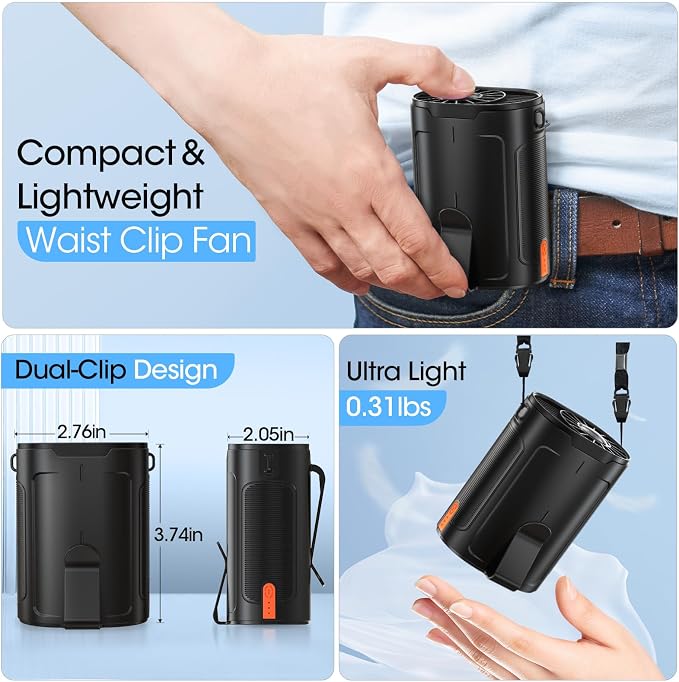 Heelkl 2026 AI Portable Fan Rechargeable, 4-Speed Strong Airflow, Personal Waist Fan with up to 25H of Working Time, Hands-Free Hanging Neck Fan, Wearable Belt Fan for Camping, Outdoor, Jobsite