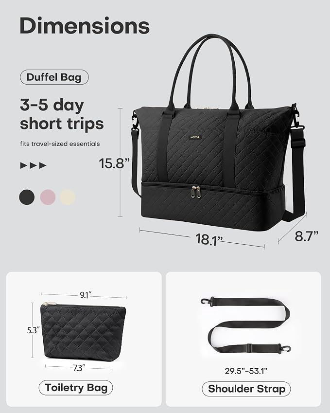 HOTOR Travel Duffel Bag - Weekender Bags for Women, Gym Tote Bags with Shoe Compartment, Carry On Overnight Bag with Toiletry Bag for Travel Essentials and Travel Accessories, Black, 15.8"×18.1"×8.7"