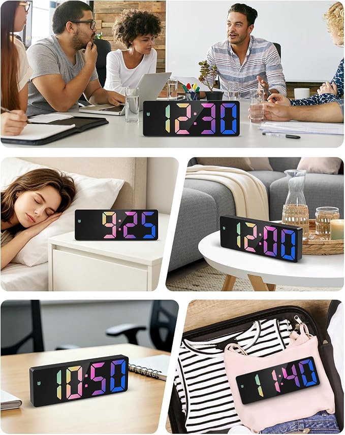 AMIR Digital Alarm Clock Large Display, LED Alarm for Bedroom, USB/Battery Powered Bedside Alarm Clock with Snooze, 12/24H, 3 Adjustable Brightness, Temperature, Desk Clock for Home, Office, Colorful
